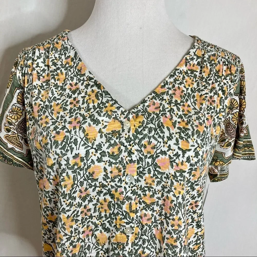 NWT Lucky Brand Tie Front Ditsy Floral Top Small Yellow Green Cottagecore Spring